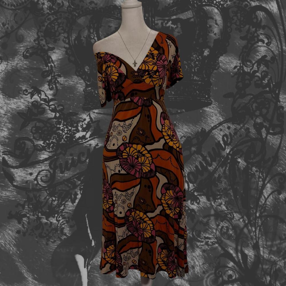 floral medallion brown orange sunset tone boho retro print wrap dress